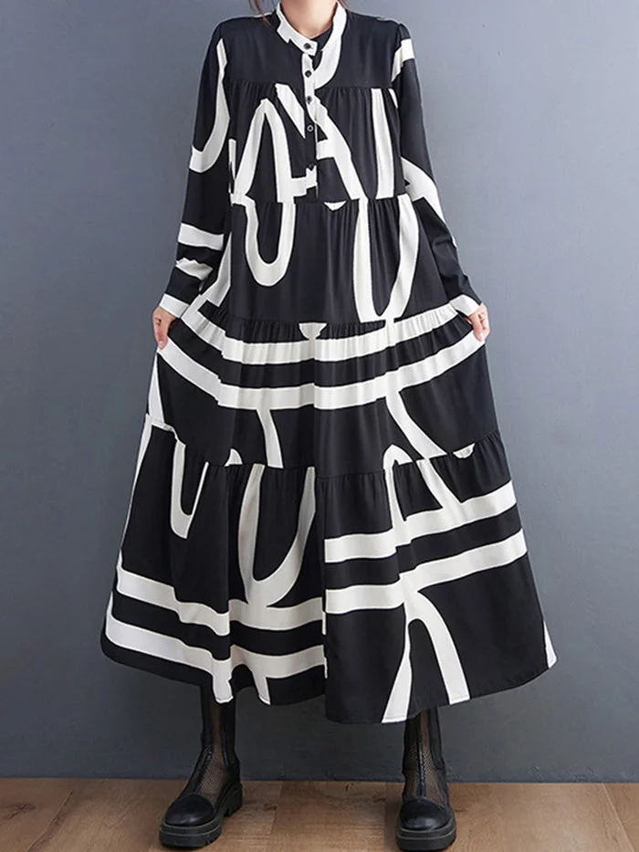 Fashion Long Sleeve Printed Midi Dress