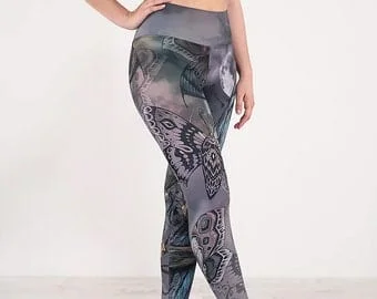 pornhint Pornhint Gothica Mashup Athleisure Leggings - Moth and Raven Asymmetrical Design