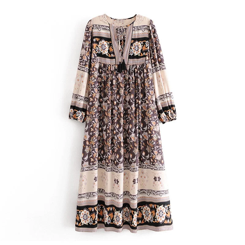 Aachoae Vintage Printed Midi Dress Women Bow Tie Hollow Out Loose Dresses 2021 Long Sleeve O-neck Boho Dress Vestidos Mujer