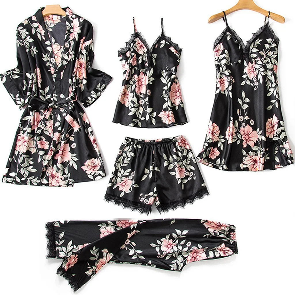 Uveng Printed Pajamas Women's Slings Aja Skirt Loose Comfortable Lace Five-Piece Homewear Lingerie Pyjamas Bathrobe Set