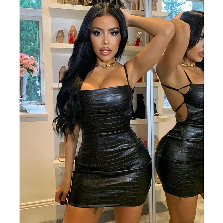 Hugcitar 2020 Sleeveless Solid Slash Neck Pu Leather Backless Sexy Mini Dress Autumn Winter Women Fashion Party Club Clothings