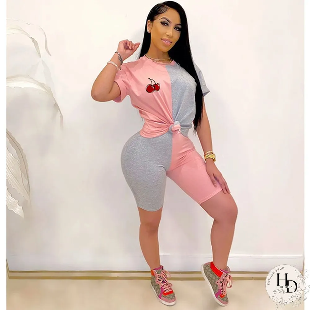 New Fashion Women Solid Sporting Casual Two Piece Set Short Sleeve Tee Top Biker Shorts