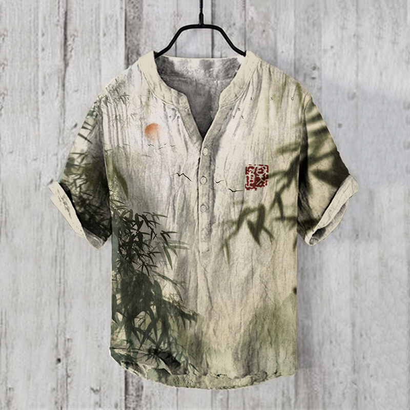 Japanese Retro Bamboo Shadow Art Linen Blend Shirt wearshes