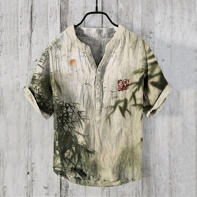 Japanese Retro Bamboo Shadow Art Linen Blend Shirt