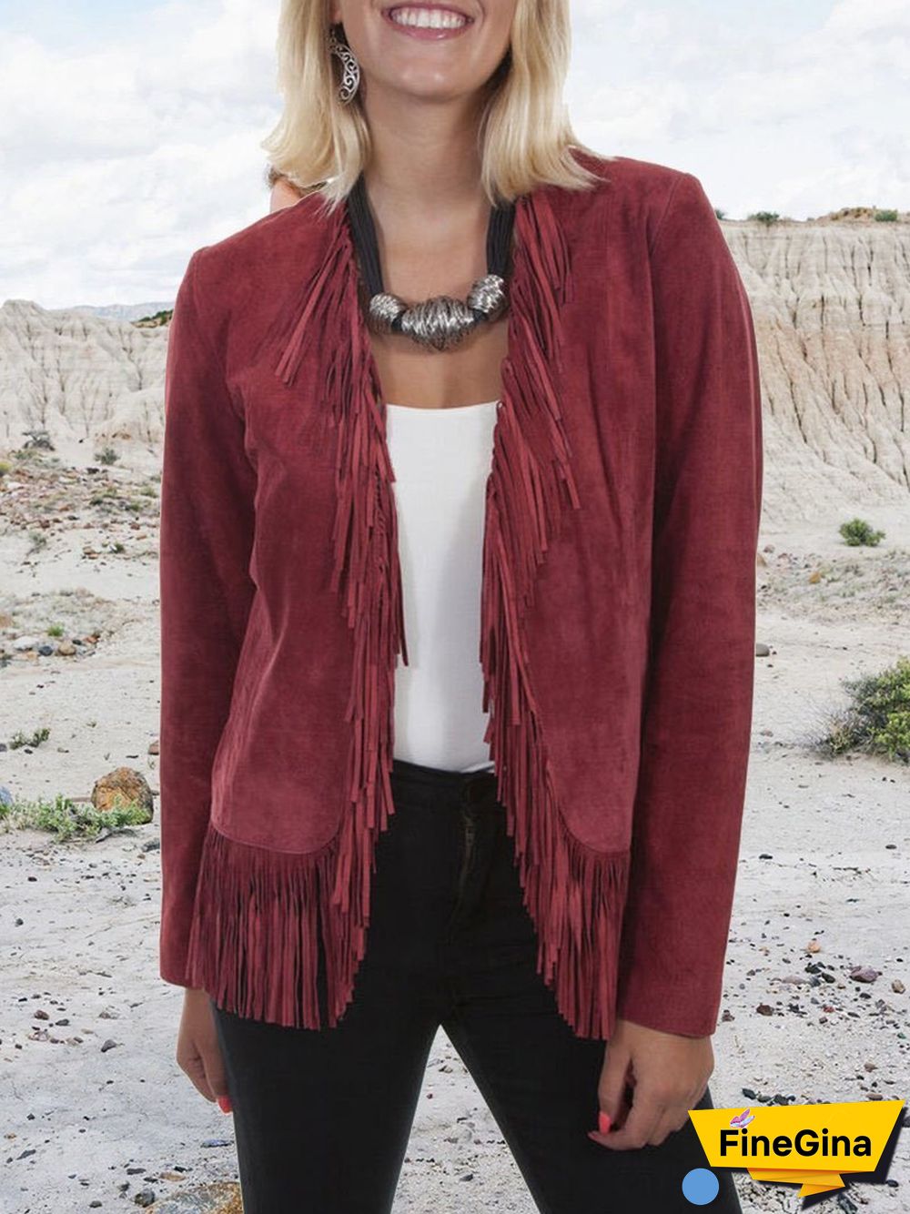 Wine Red Tassels Women Outerwear