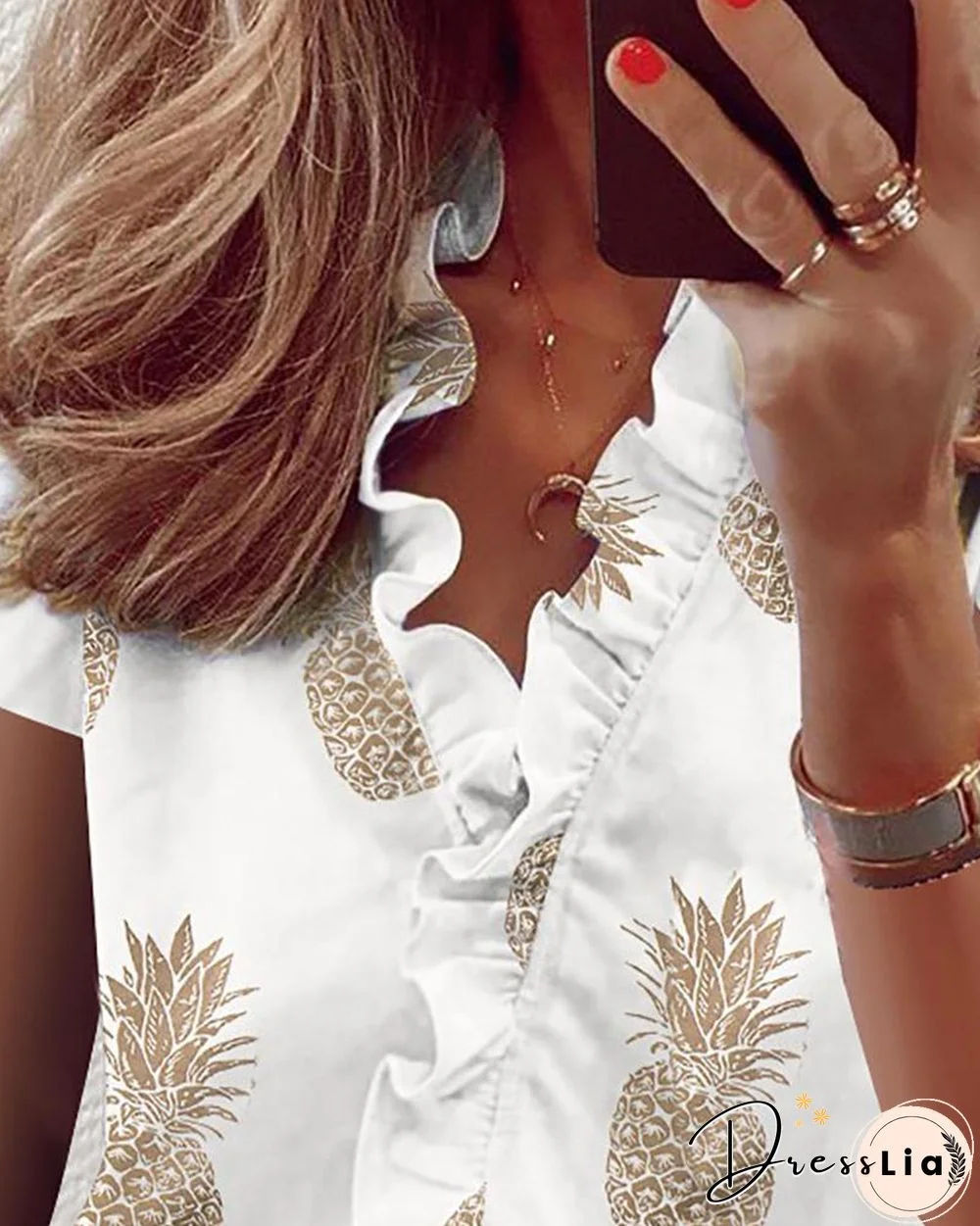 Print Short Sleeve Ruffles Casual Blouse P14177