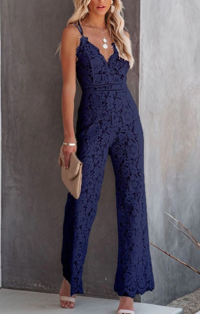 Summer new style solid color lace stitching sleeveless casual suspender jumpsuit