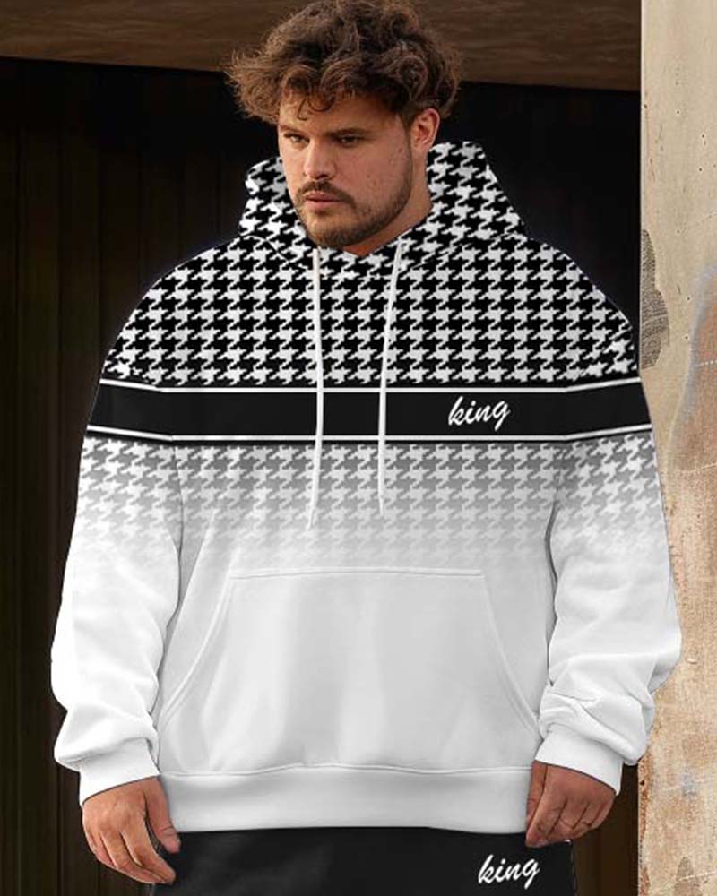 Men's Street Fashion All-match Gradient Houndstooth Stitching Plus Size Hoodie Set