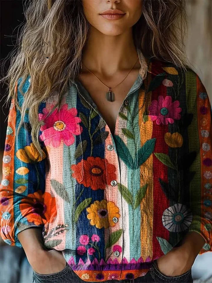 Women's Colorful Striped Floral Patchwork Art Casual Long Sleeve Comfortable Cotton Shirt