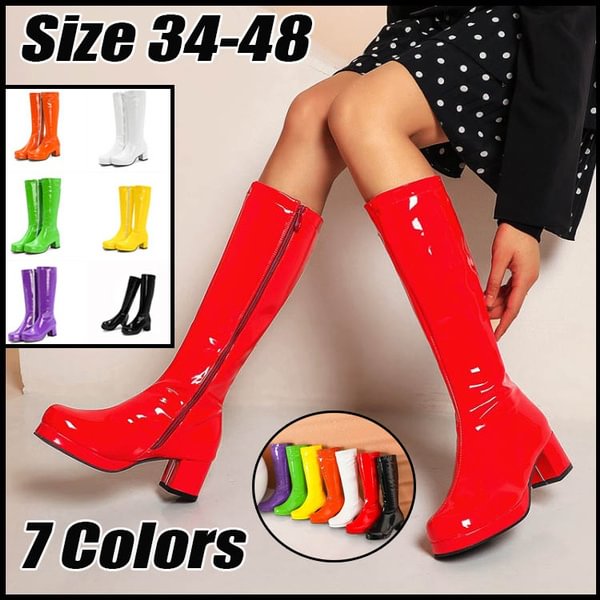 2022 Woman gogo Boots Square Heel Knee-High Classic Square Toe Boots PU Leather Zip Boots unisex Party Dress Dance Shoes - Shop Trendy Women's Clothing | LoverChic