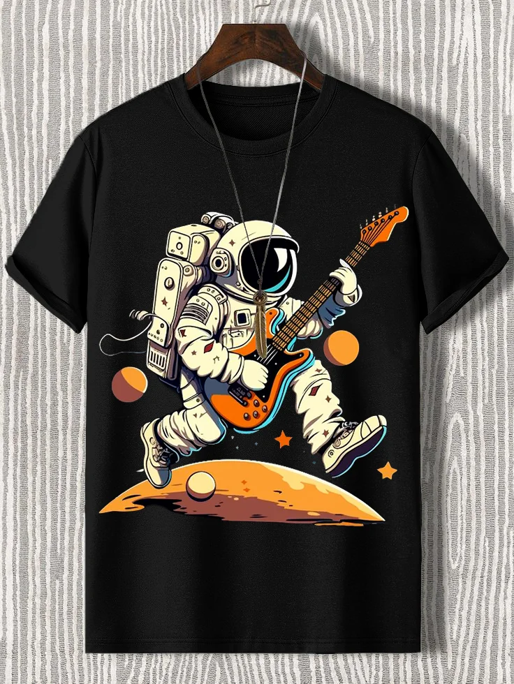 100% Cotton Men's Astronaut Space Rock Print Cotton Casual T-Shirt