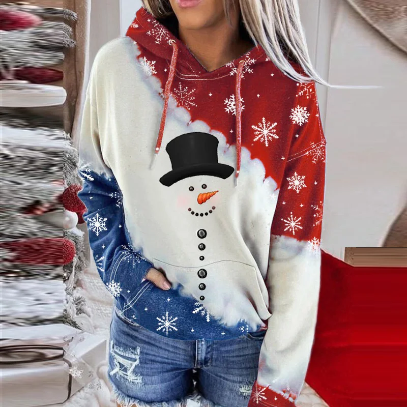 Women's Winter Snowman And Snowflakes Pattern Hoodies With Pocket