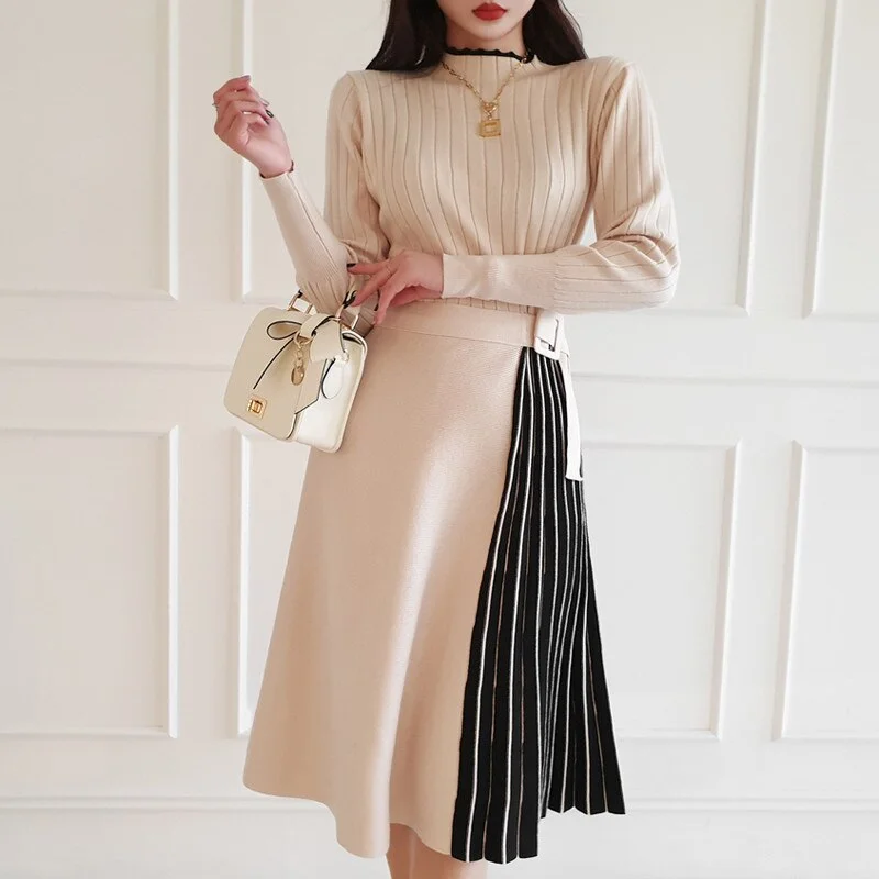UForever21 Korean Style Women High Quality Solid Knit Slim Sweater Dress 2023 Autumn Winter New Office Lady O-Neck Long Sleeve A-Line Dress