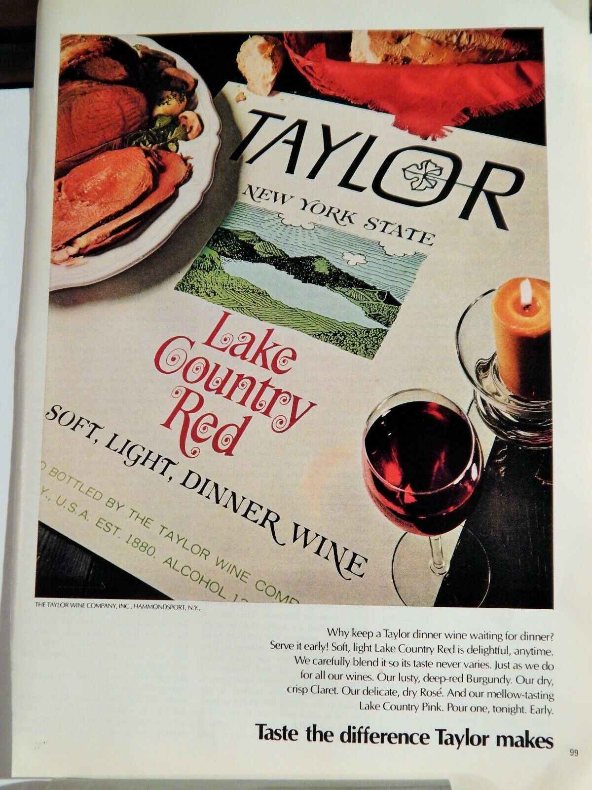 TAYLOR LAKE COUNTRY RED WINE VINTAGE 1971 Photo Poster painting AD, RARE SOUGHT EPHEMERA