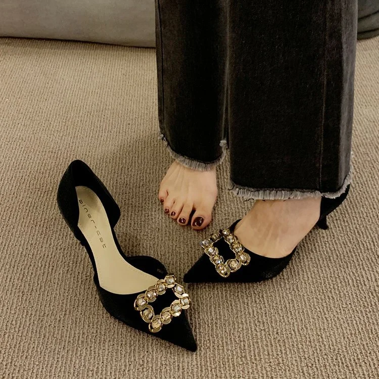 Wongn Wongn 2023 New Korean Version Of Fashion Square Button Metal Buckle Hollow High Heels Single Heel Women's Shoes