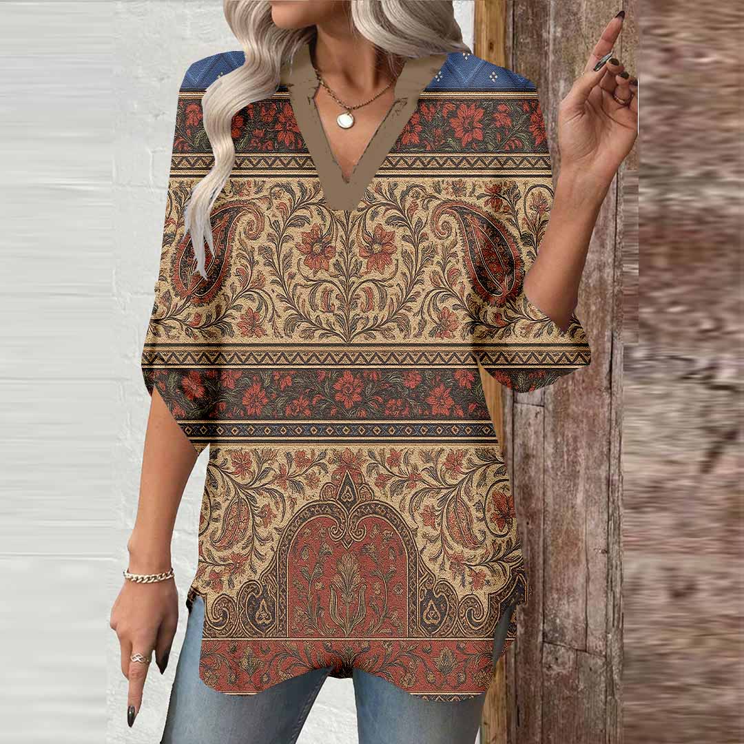 Women Bohemian, Orange, Blue DZGA0203 3/4 Sleeve V-neck Printed Graphic Button Tops