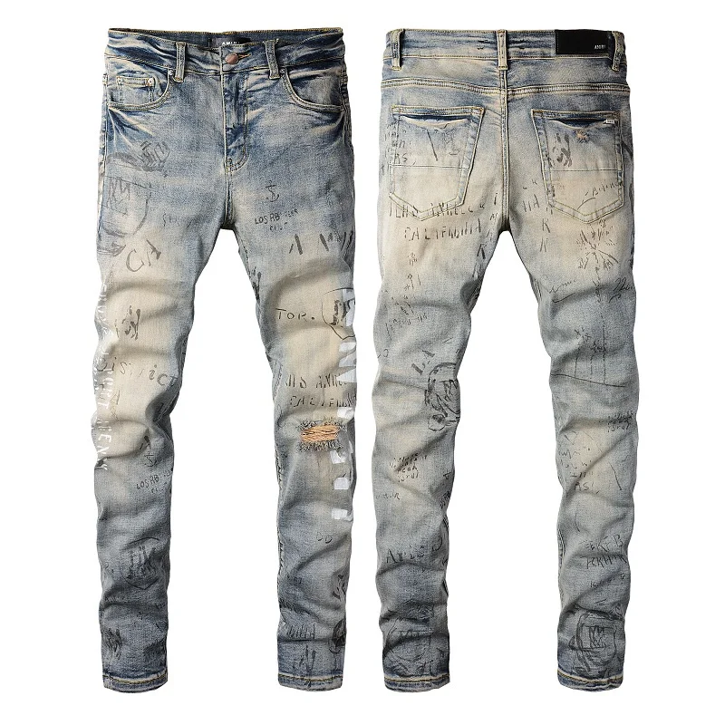 Amiri Jeans blue slim straight leg jeans with printed holes