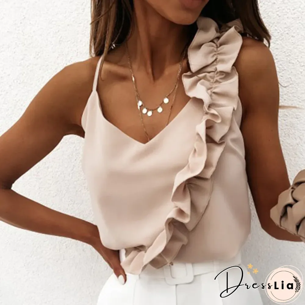 Women Summer Blouse Shirts Sexy V Neck Ruffle Blouses Backless Spaghetti Strap Office Ladies Sleeveless Casual Tops