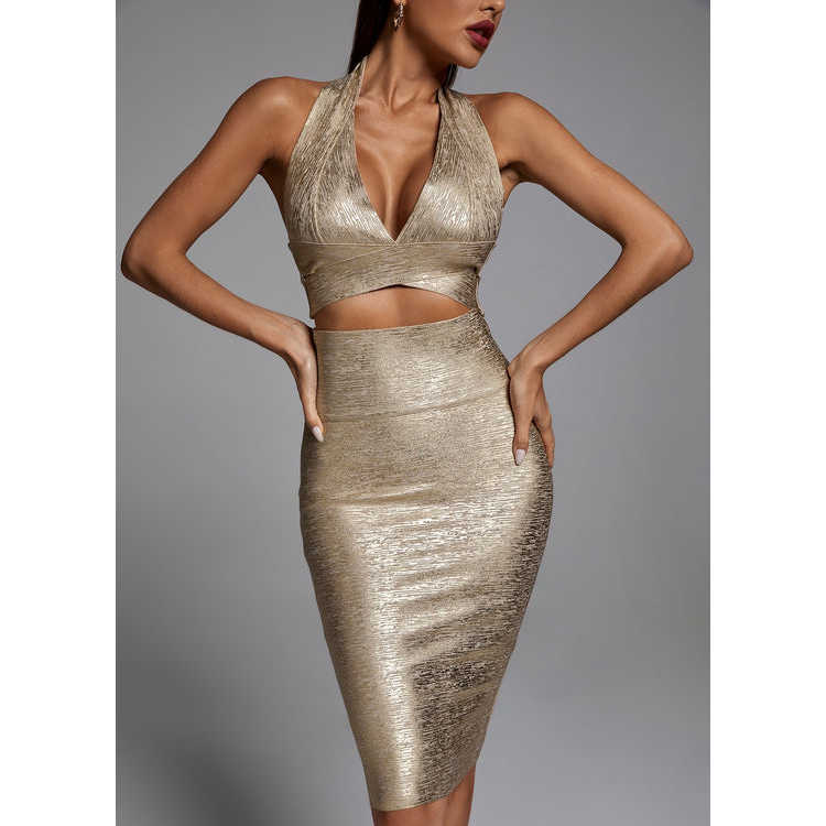 V Neck Halter Gold Bandage Two Piece Skirt Set