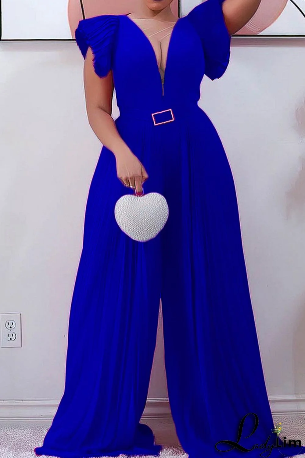 Blue Fashion Casual Solid Patchwork O Neck Regular Jumpsuits (Without Belt)