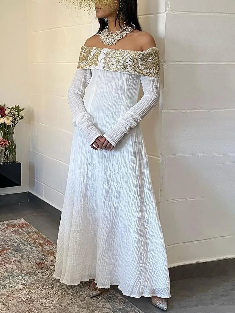 Off shoulder long-sleeved sequin ramadan dress-zachics