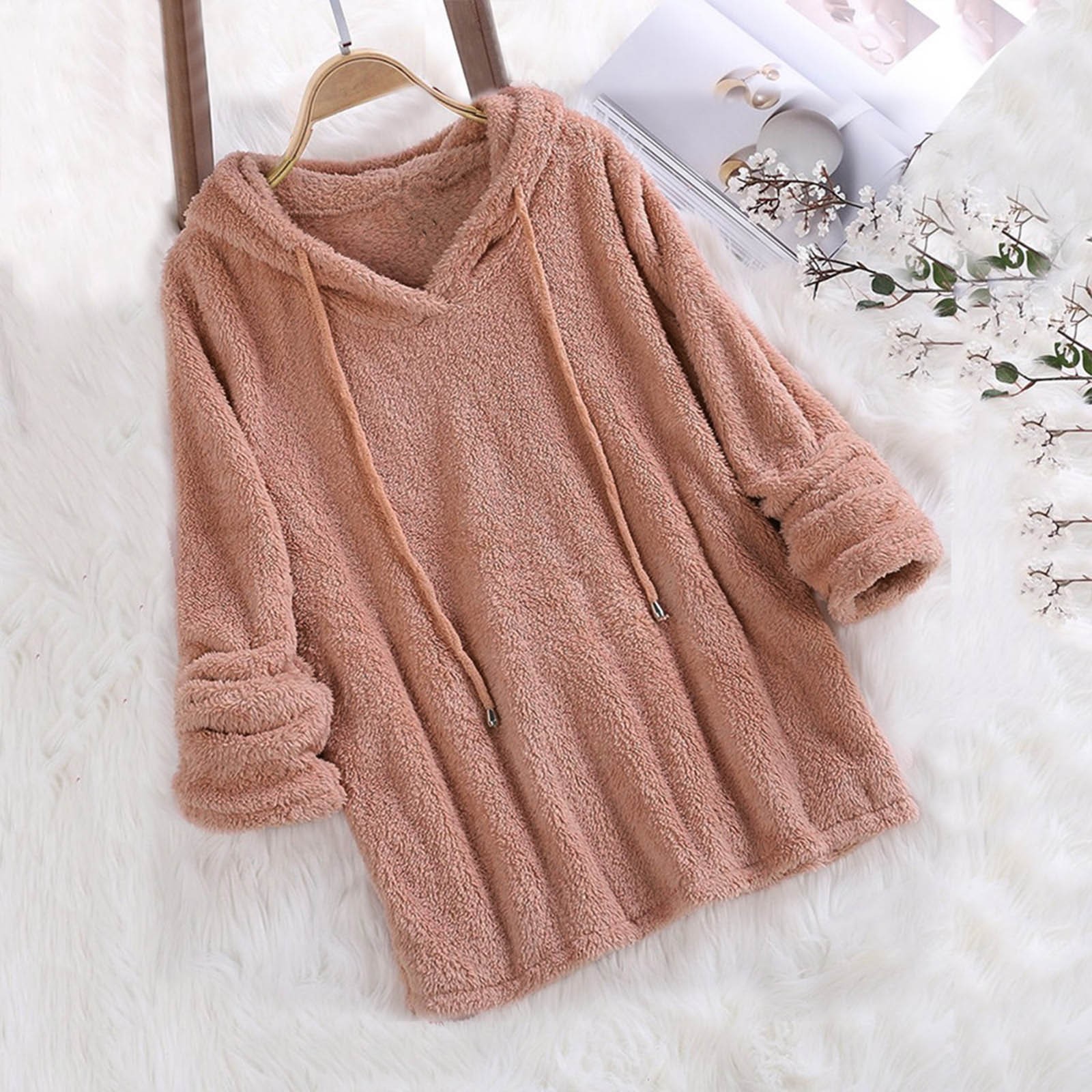 Intbuyer fairy dress short Autumn Winter Long Sleeve Sweatshirt Hoodies Women Warm Plush Drawstring Hoodies Flannel Thin Pullover Loose Sleepwear Tops