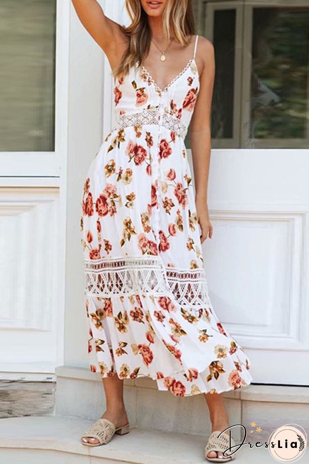 Fashion Street Print Split Joint V Neck A Line Dresses