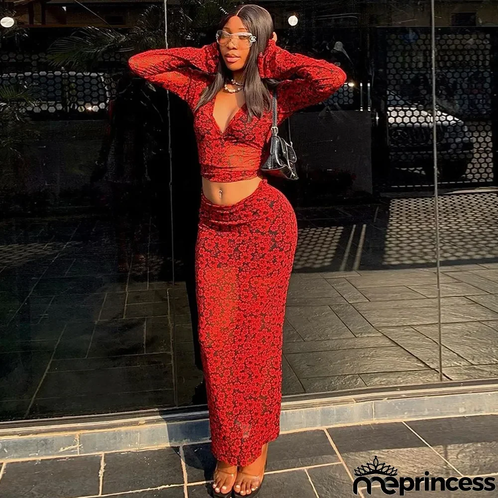 Fashion Print Sexy Deep V Long Sleeve Crop Top Bodycon Skirt Two-Piece Set