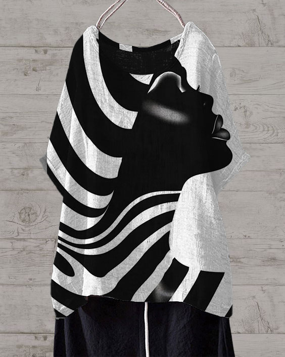 Colorblock Black Girl Print Irregular Linen Blend Tunic