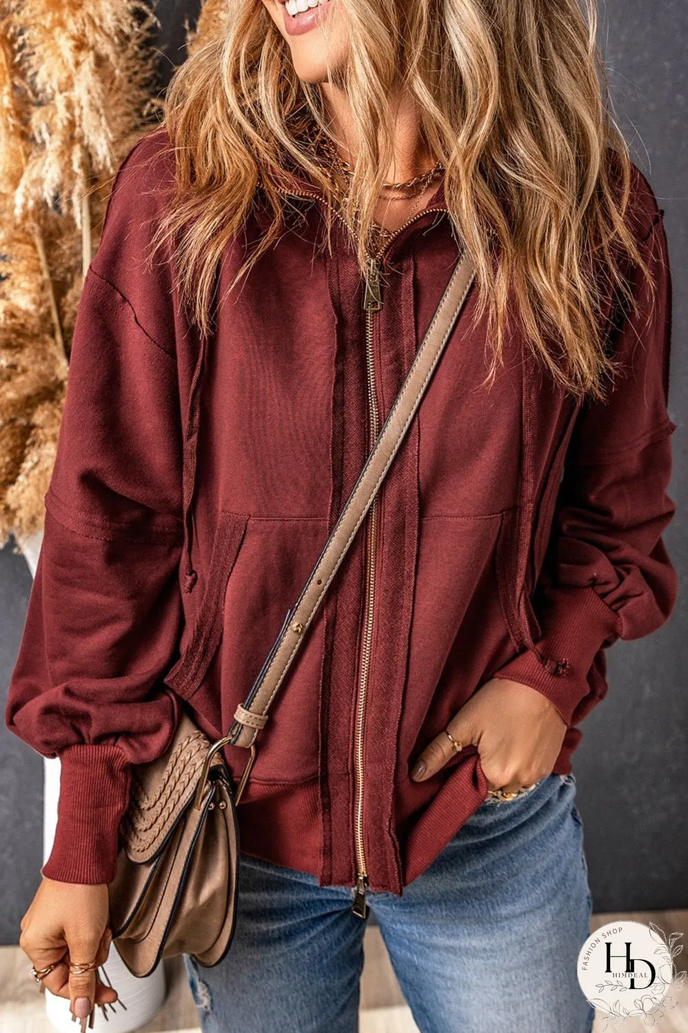 Brown Exposed Seam Zip-Up Hoodie with Raw Hem