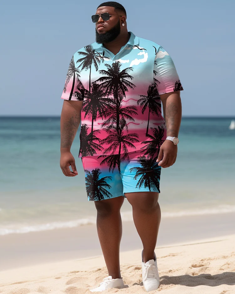 Hawaiian Coconut Gradient Shirt And Shorts Two-Piece Men's Plus Size Set
