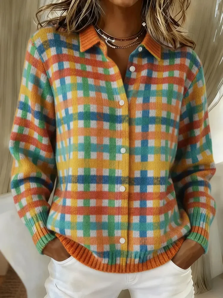 Colorful Palette Artistic Plaid Print Knit Cardigan Sweater