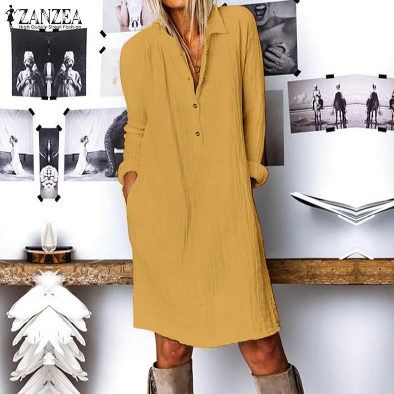 ZANZEA Fashion Autumn Long Shirt Dress Women Lapel Neck Long Sleeve Buttons Vestido Casual Loose Cotton Linen Sundress