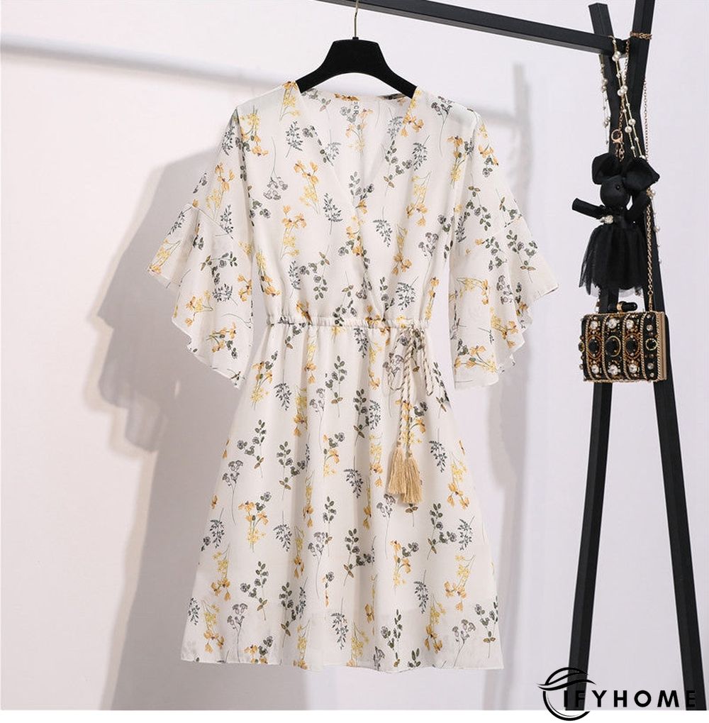Spring Summer Chiffon Women V-Neck Floral Print Short Dresses Sweet Ruffle Sleeeve Slim Drawstring Ladies Dress | IFYHOME