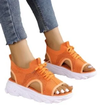 Yyvonne Spring And Summer New Sloping Sandals Women Large Size Flying Breathable Net Cloth Hollow Loose Fish Mouth Sandals