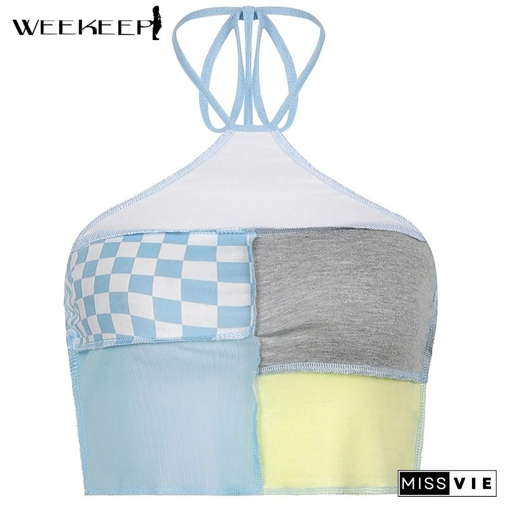Weekeep Cute Patchwork T-Shirt Two Piece Women Long Sleeve Transparent Tee And Tie Up Halter Cropped Tops Summer Kawaii Harajuku