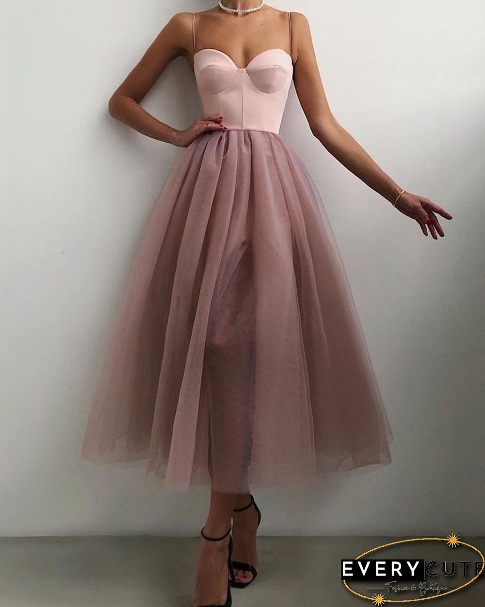 Spaghetti Strap Plain Sheer Mesh Evening Dress P15389