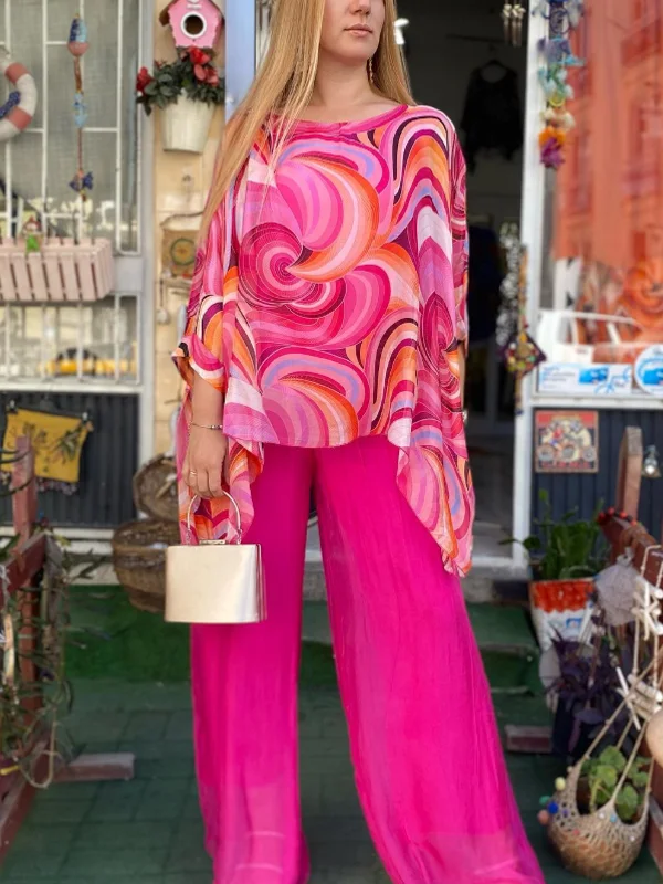 Temperament Wide Leg Pants Chiffon Print Women's Suit