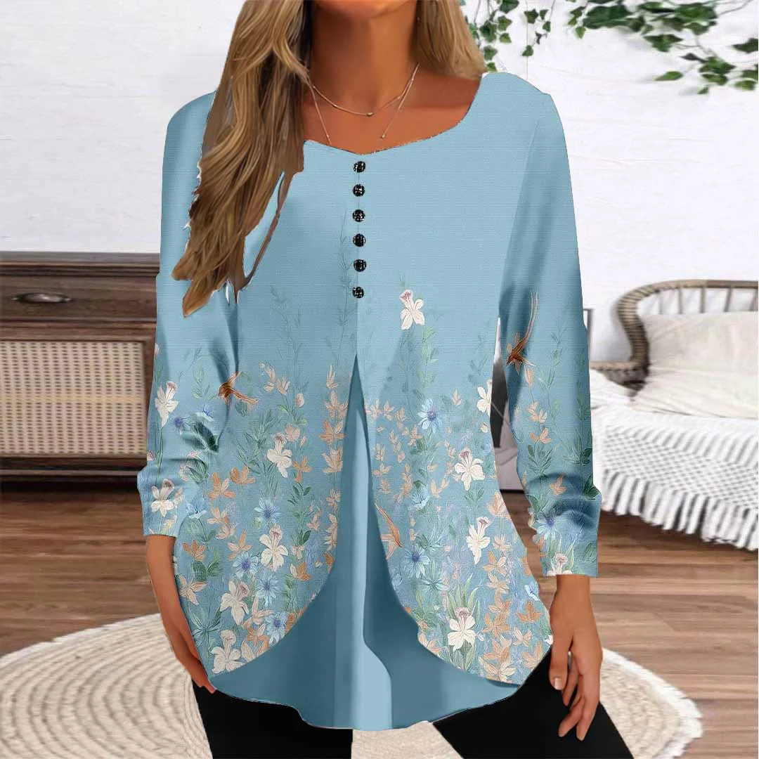 Women Floral,Blue DZGG8322 Long Sleeve Scoop Neck Printed Graphic Button Fake 2in1 Tops