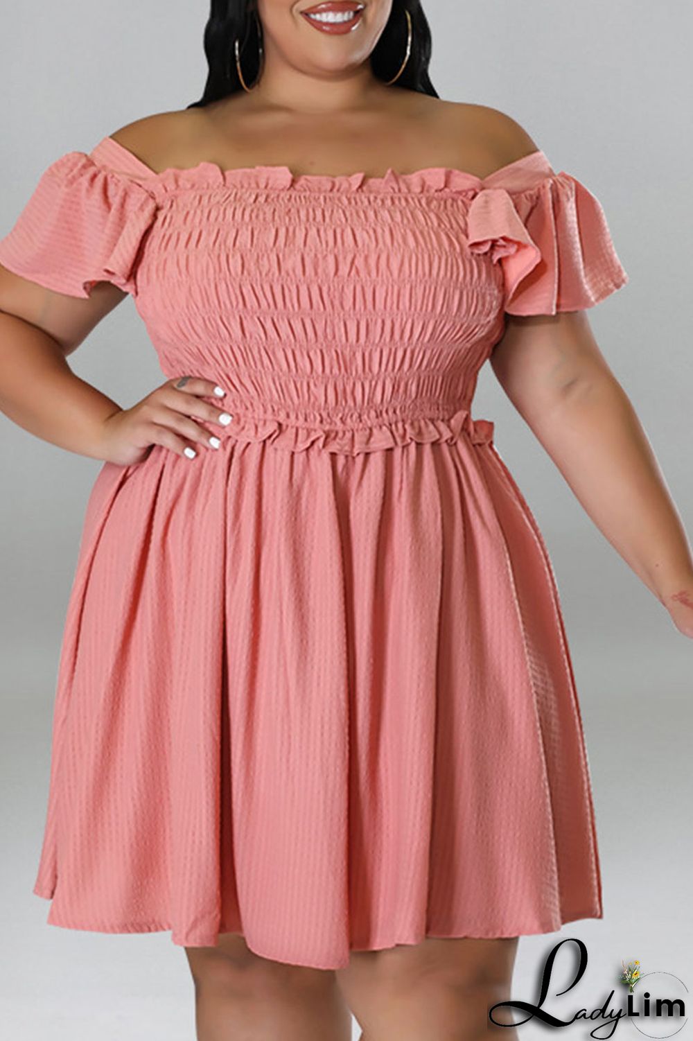 Pink Casual Sweet Solid Patchwork Fold Off the Shoulder A Line Plus Size Dresses