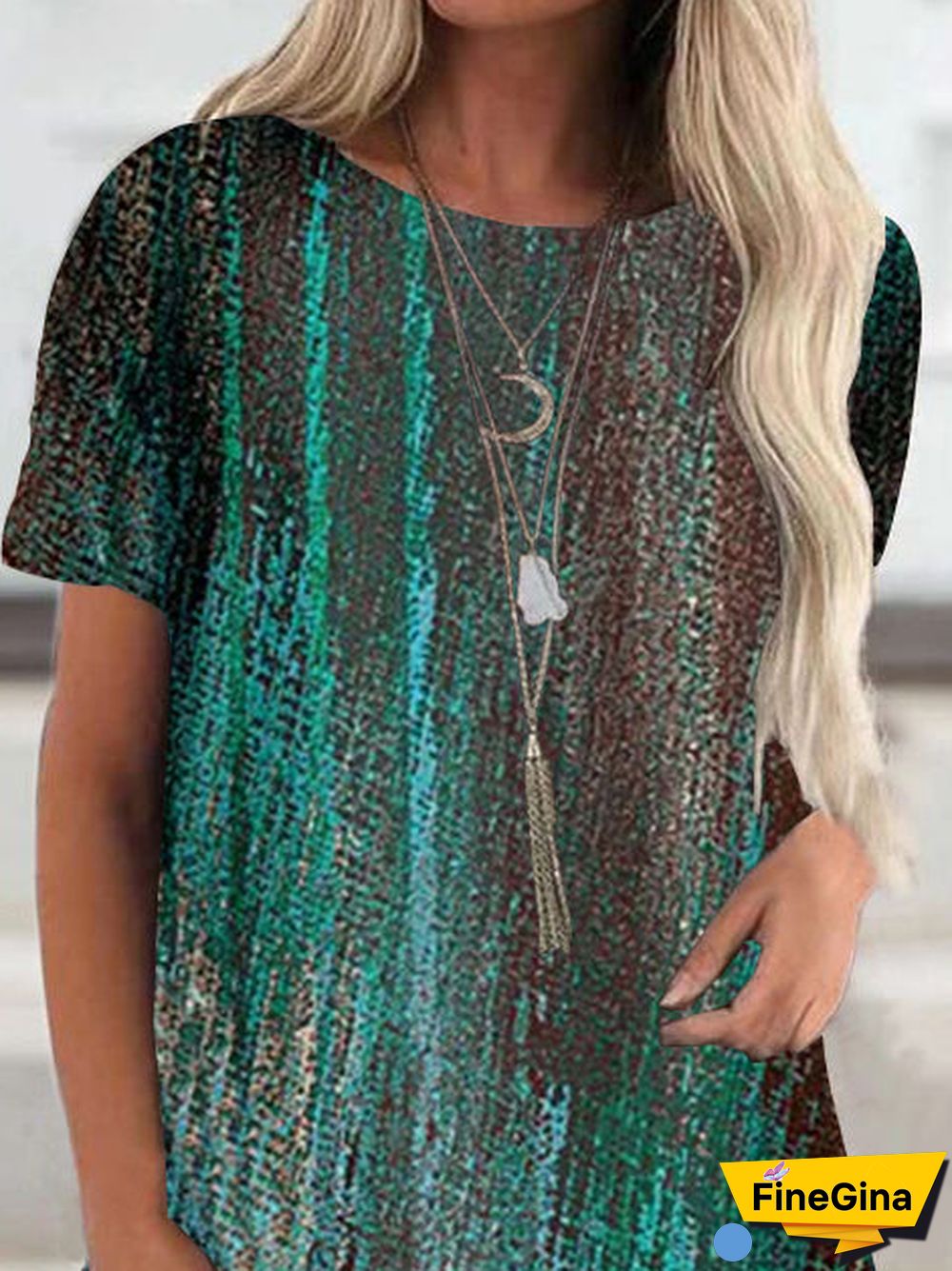Women Green Color Short Sleeve Scoop Neck Striped Printed Top Blouse