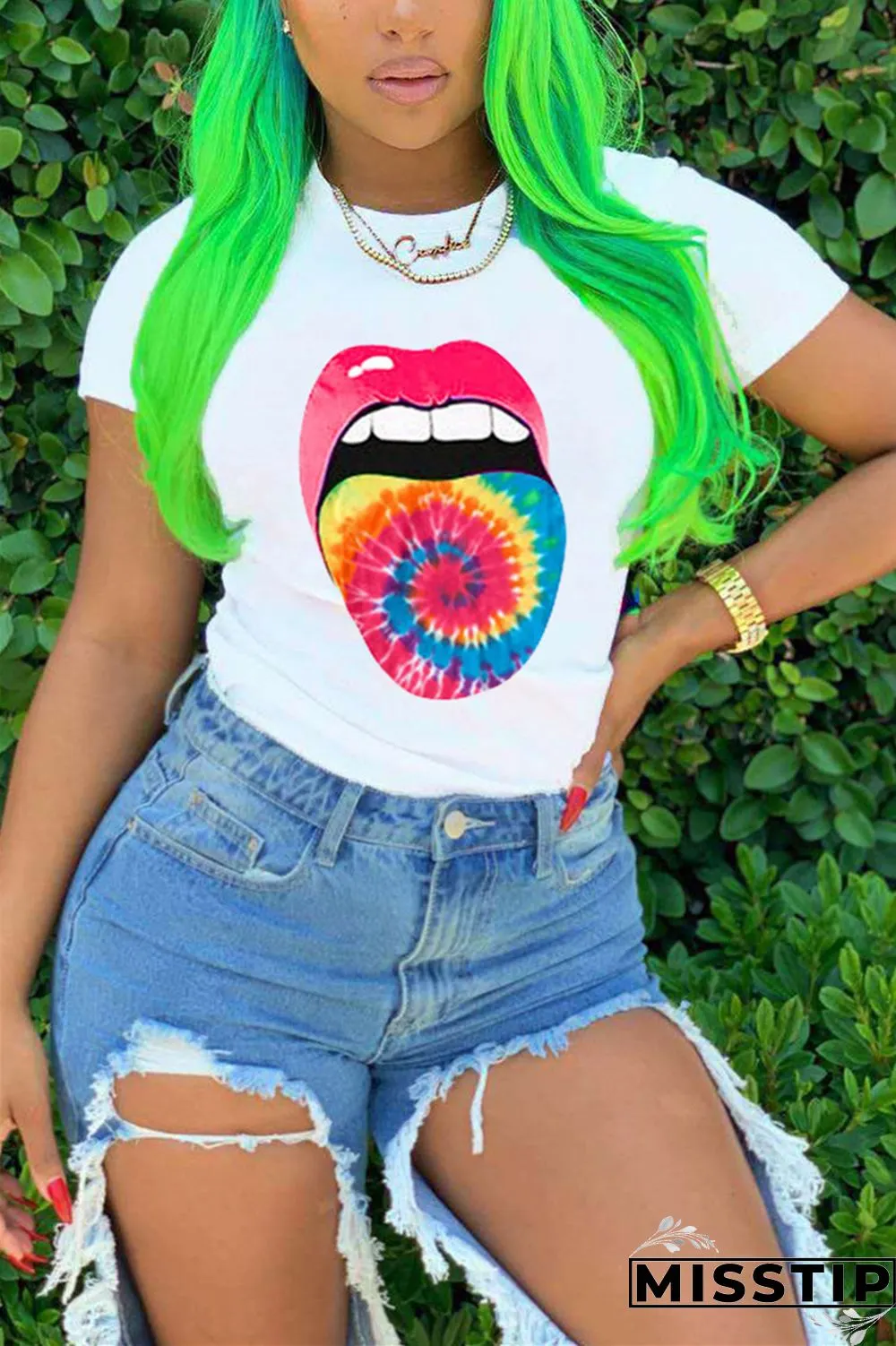 Green Fashion Lips Print Short Sleeve T-shirt