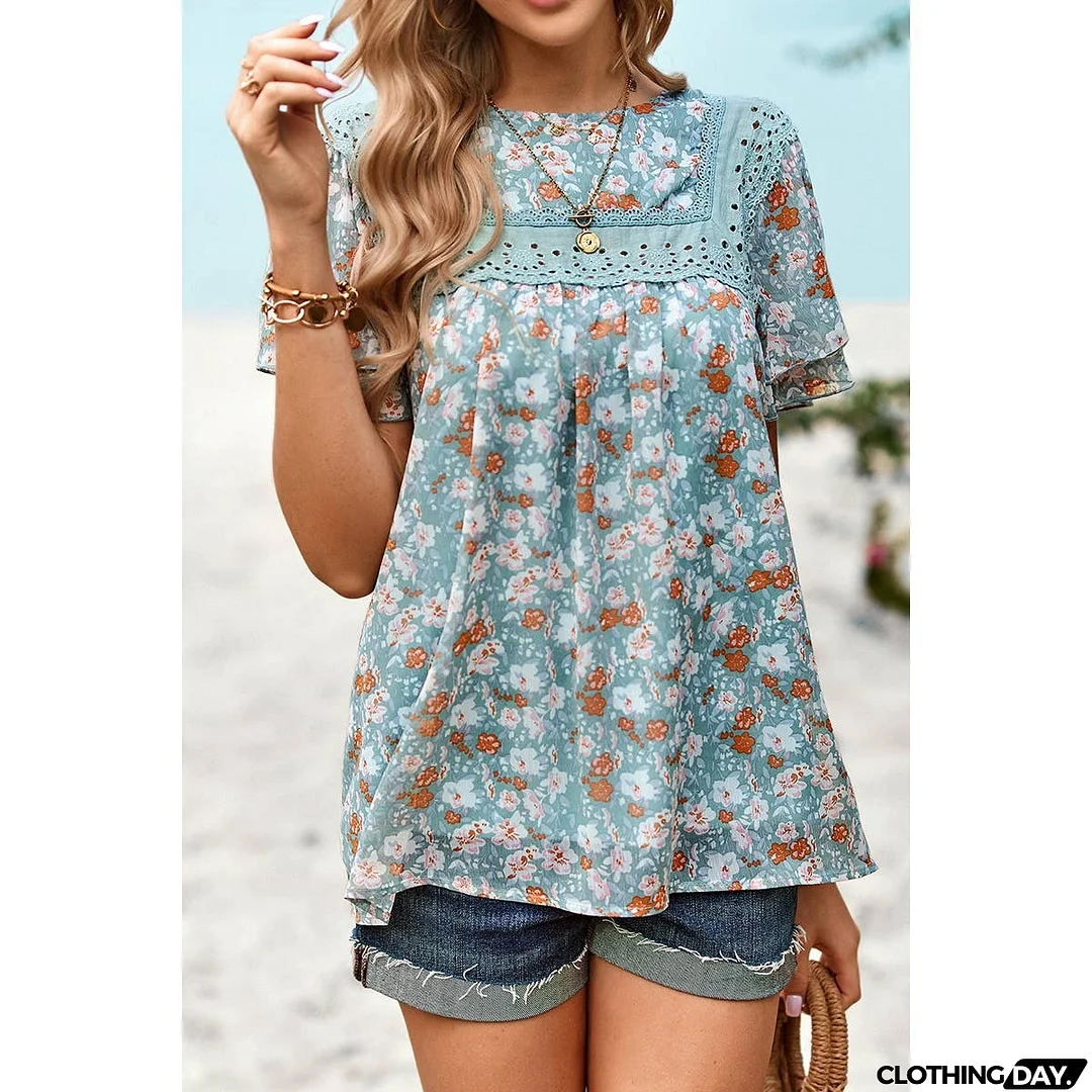 Floral Lace Round Neck Ruffle Loose Fit Top