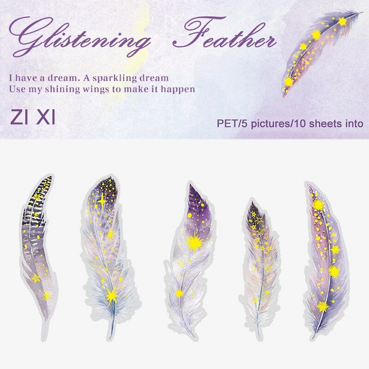 JOURNALSAY 10 Pcs Creative Large Size Bronzing Feather PET Stickers DIY Journal Scrapbooking