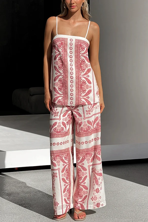 Unique Print Loose Casual Tank Top and Elastic Waist Wide Leg Straight Pants Set