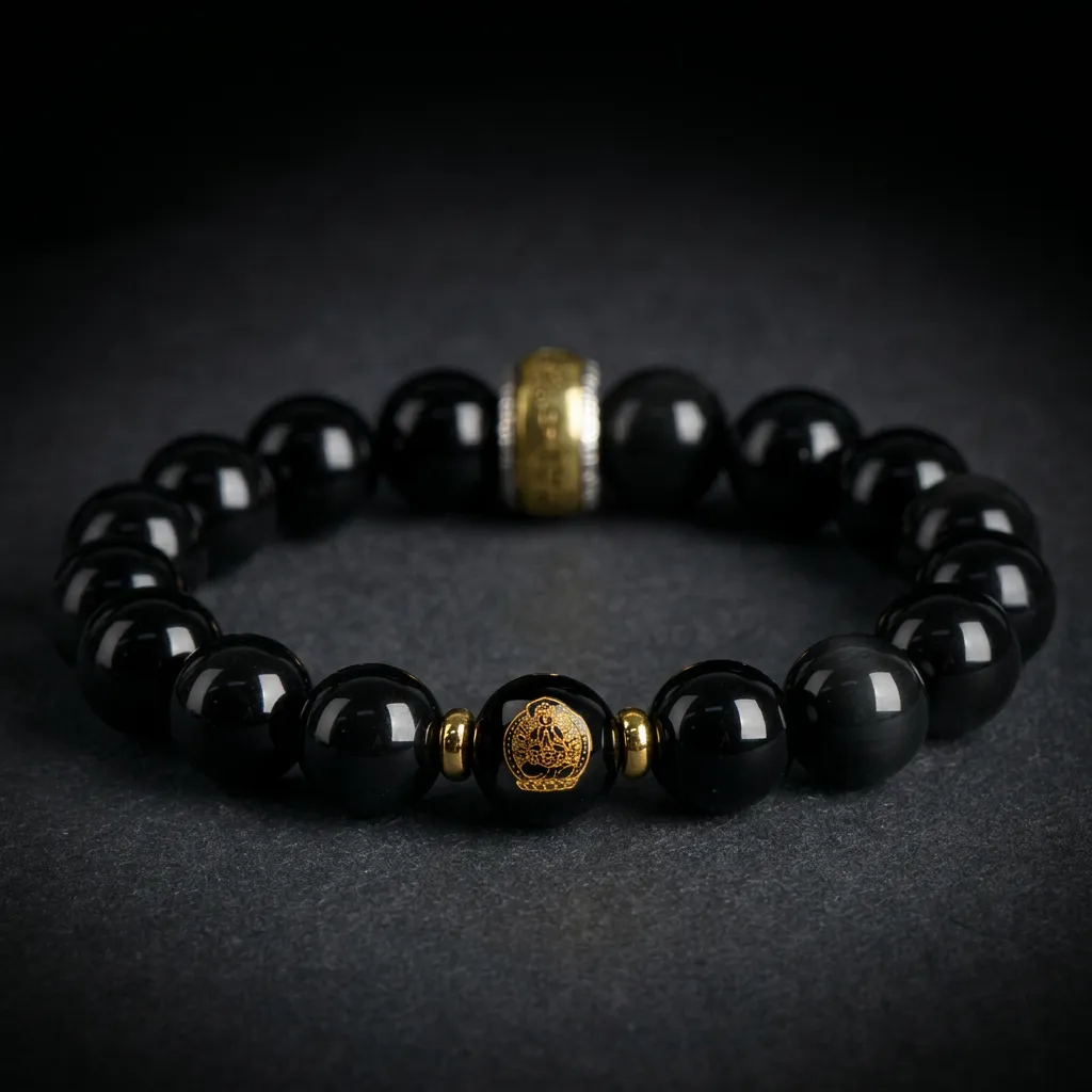 JiStones Sacred Obsidian Guardian Bracelet - Handcrafted Protection Jewelry Compassion: Thousand-Armed Avalokiteshvara (Rat)-12mm (Bold)