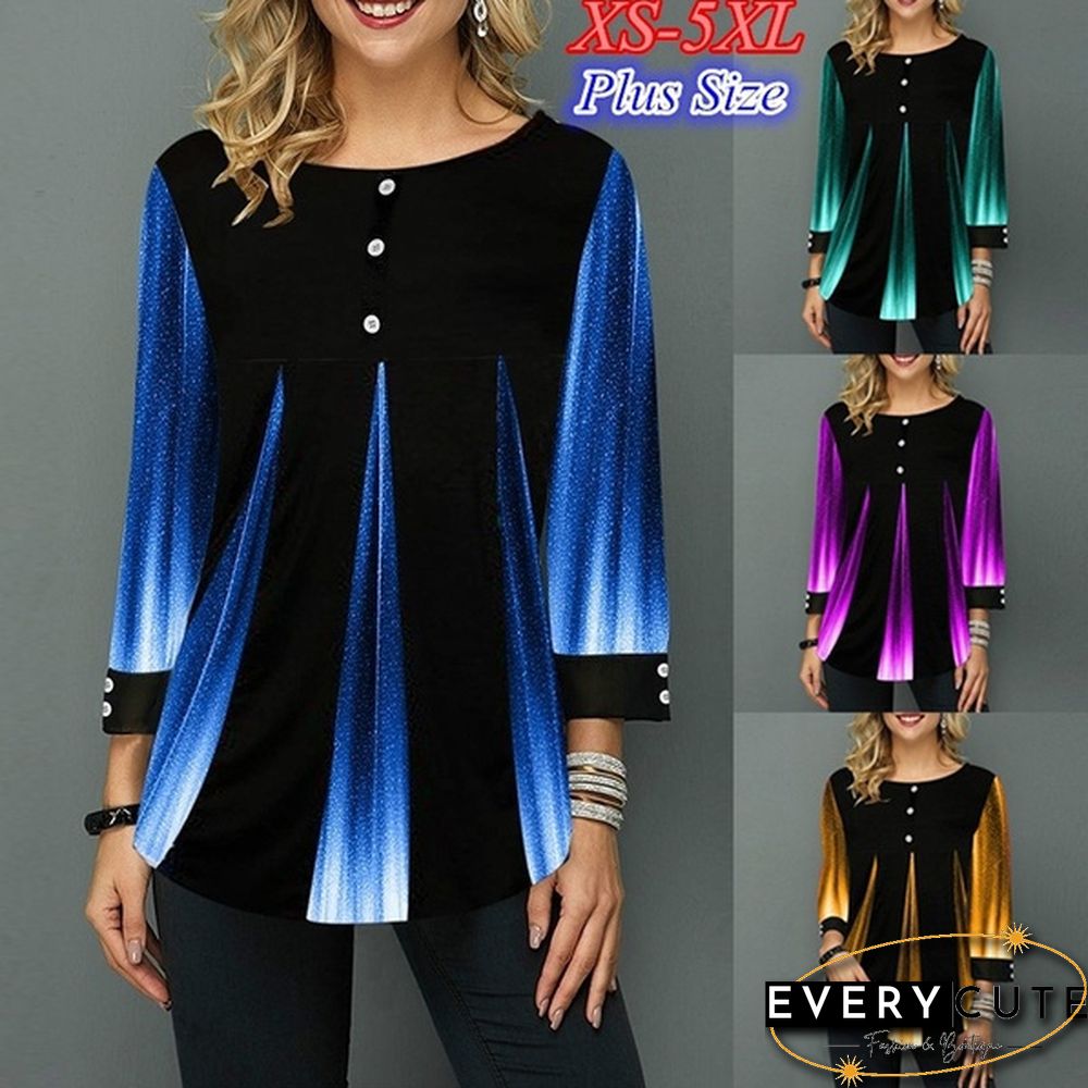 Loose Casual Womens Fashion Trend Autumn Long Sleeve Round-neck Button Shirt