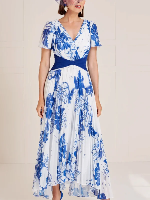 V-Neck Short Sleeve Print Midi Dress