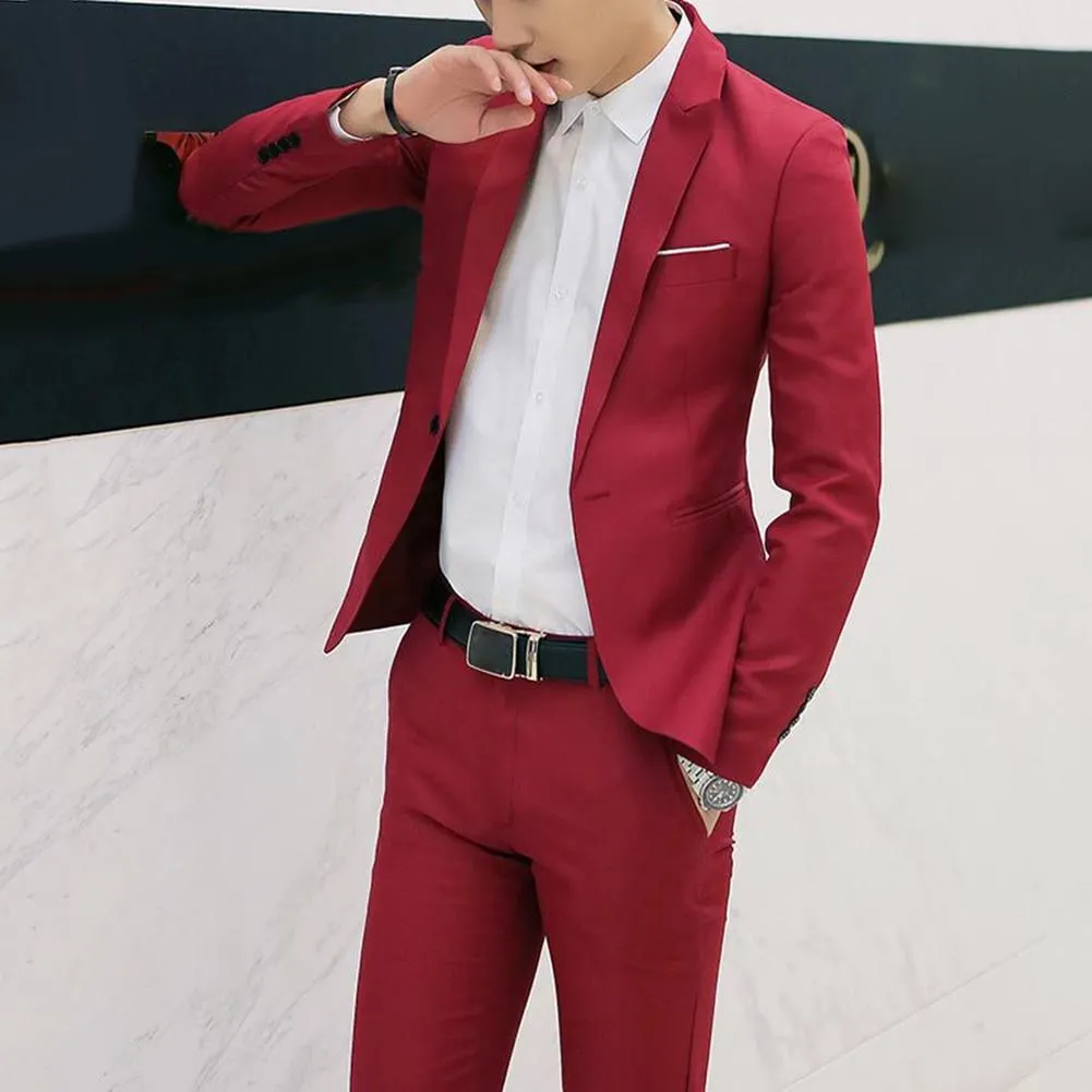 2Pcs Fashion Men Solid Color Lapel Button Long Sleeve Slim Blazer Suit Pants costume homme suit men terno gift for men