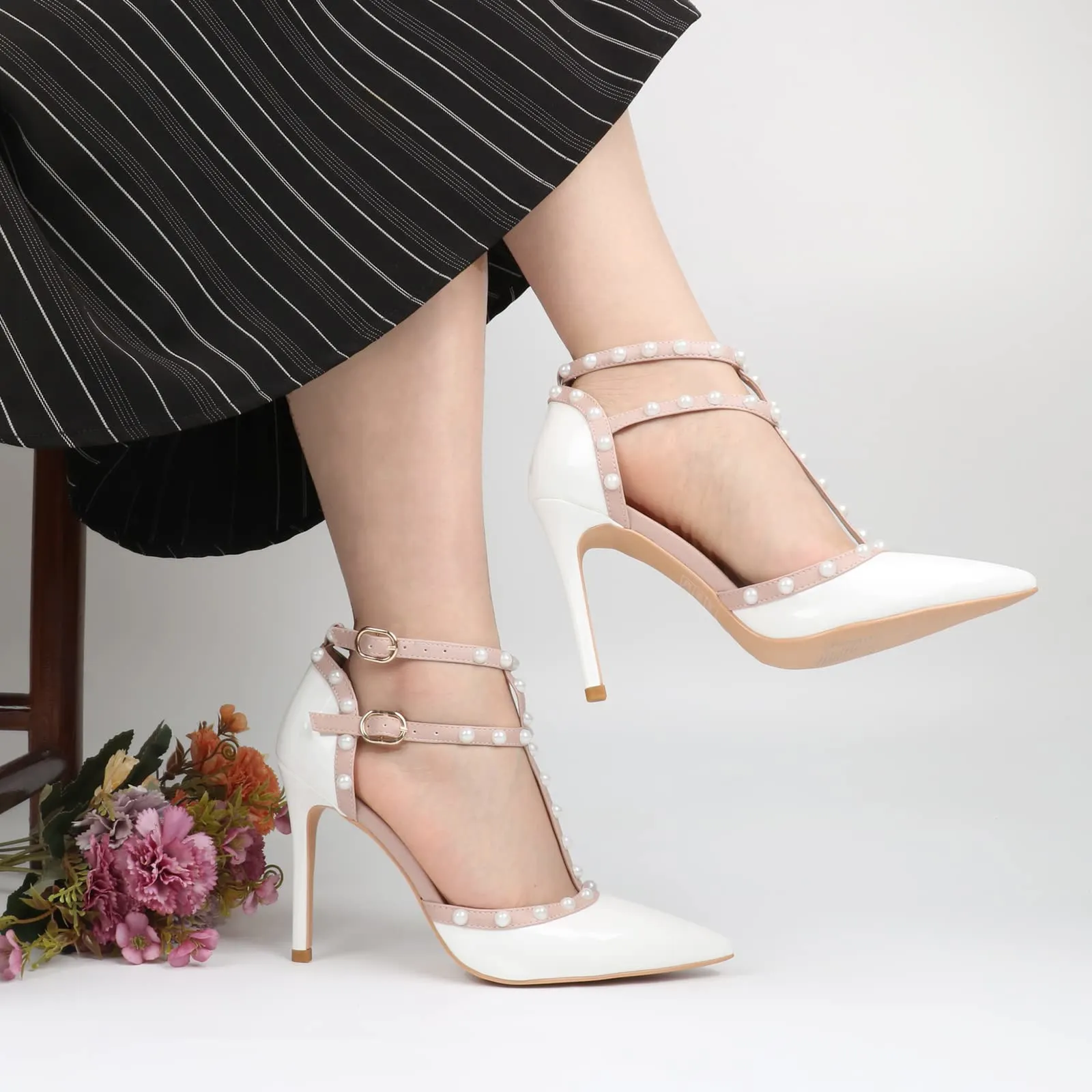 100mm Womens Pointed Toe Pumps Round Rivets Ankle Strap Sandals-vocosishoes